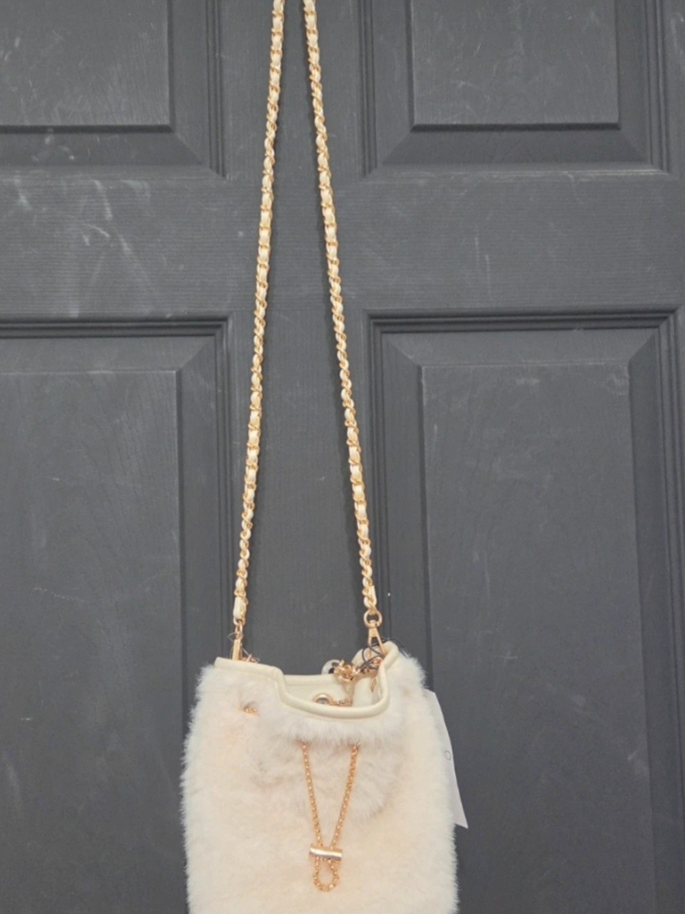 Aldo Cream Faux-Fur Crossbody with Gold Chain Strap